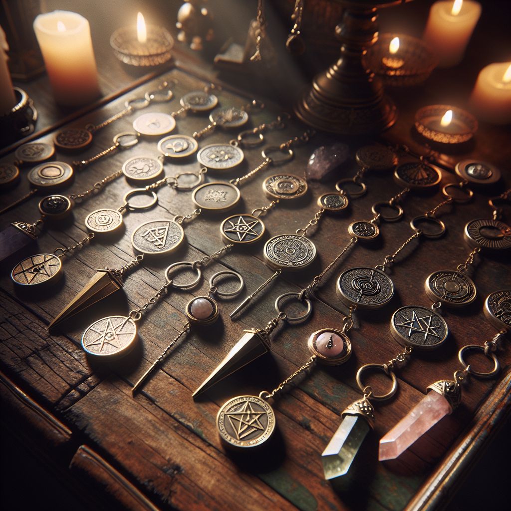 Intricate Personalized Pendulum Charms on Antique Wooden Table